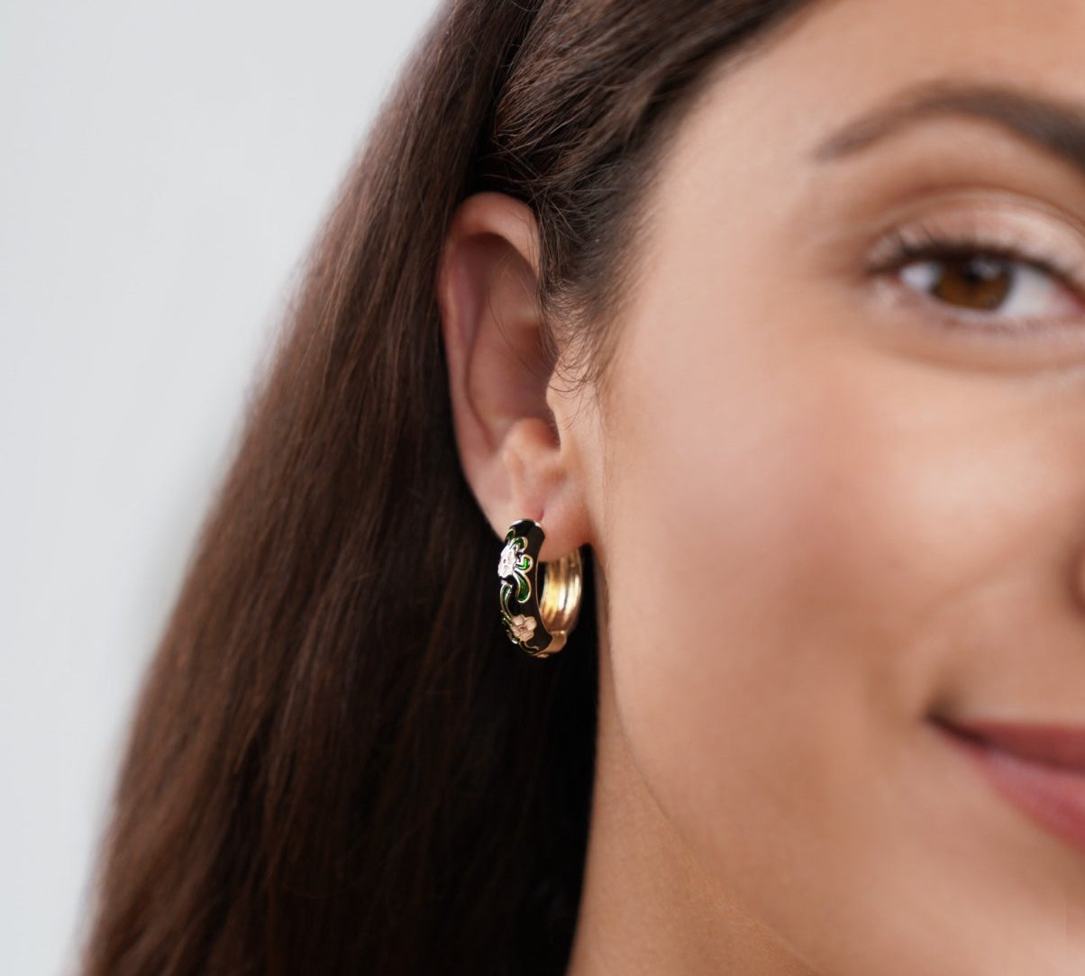 Black Gold Hoop Flower Earrings
