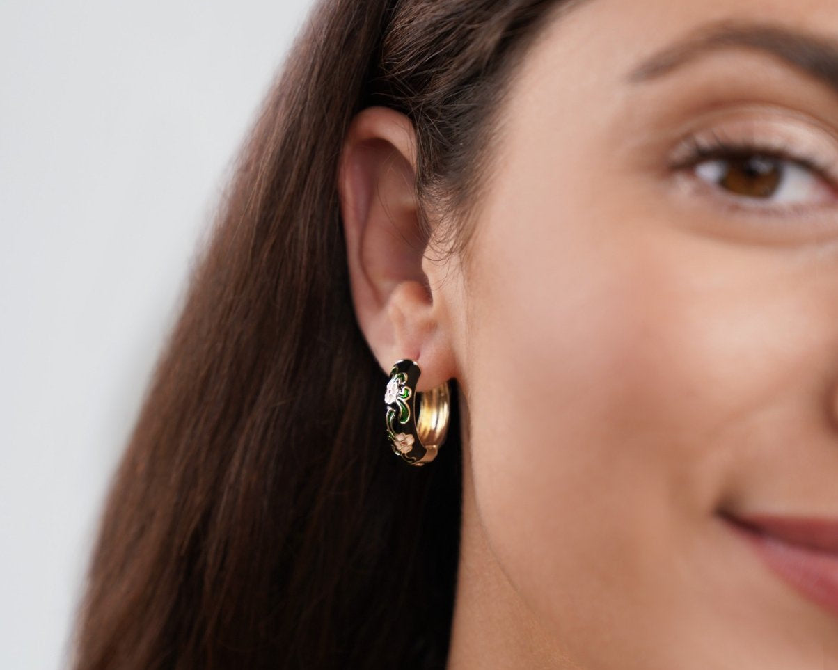 Black Gold Hoop Flower Earrings