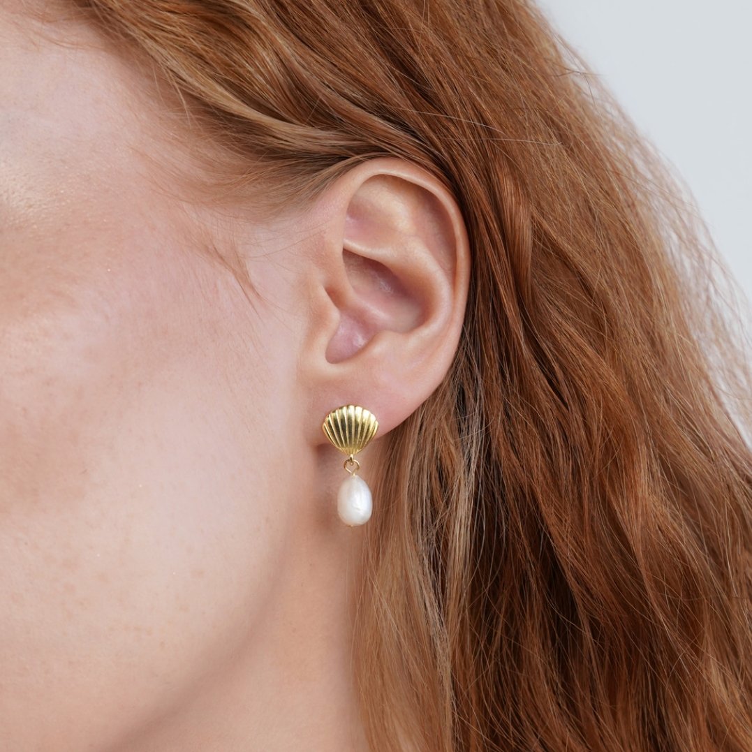 Freshwater Pearl & Gold Shell Earrings