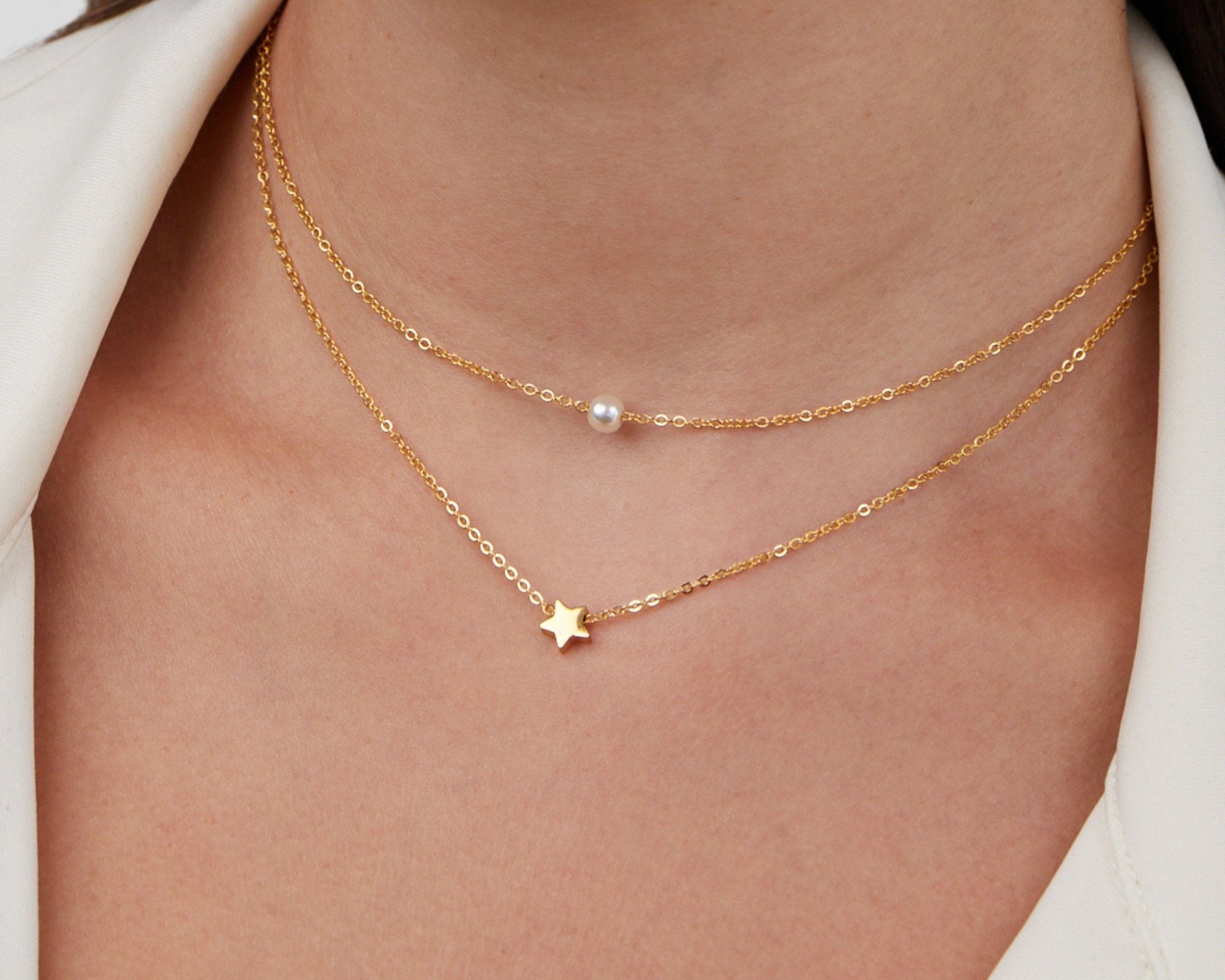 Layered Gold Star & Pearl Necklace