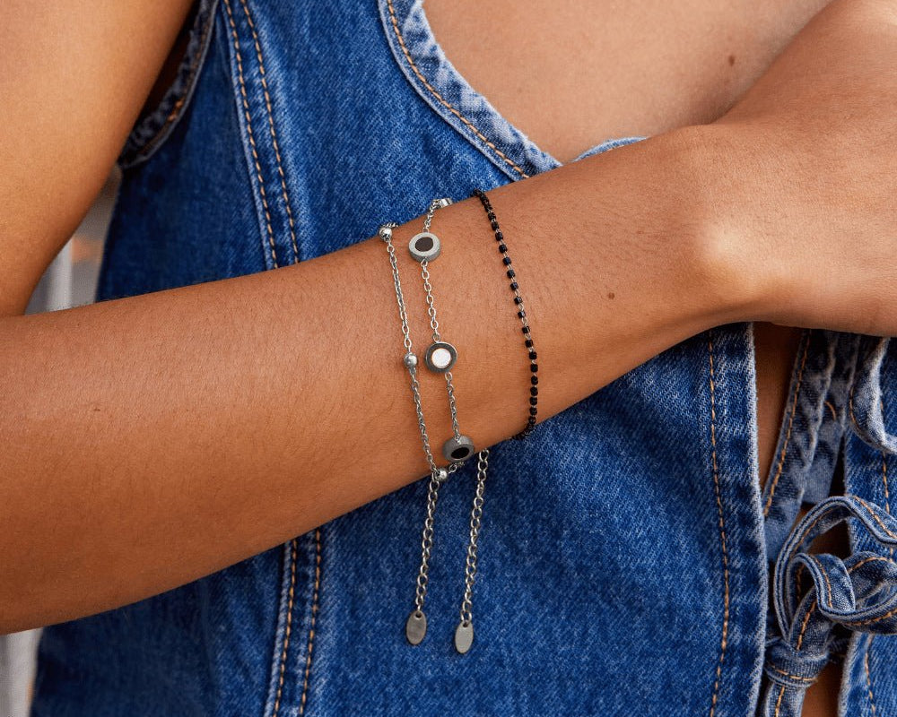 Onyx & White Stone Silver Bracelet