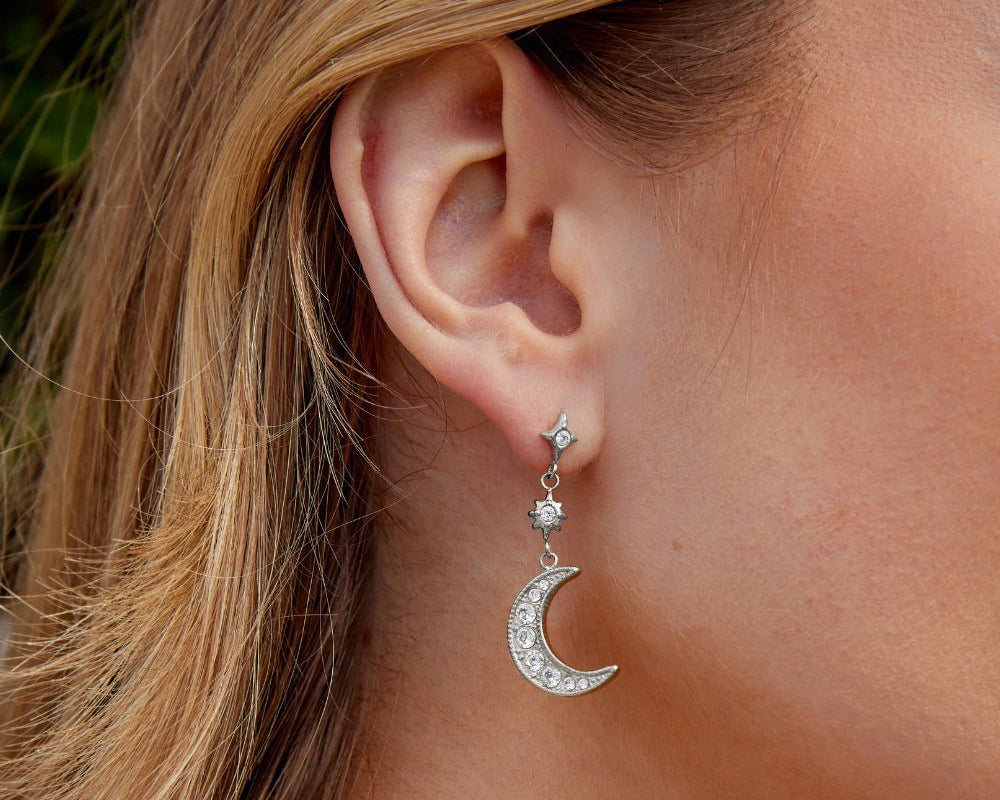 Silver Crystal Moon & Star Earrings